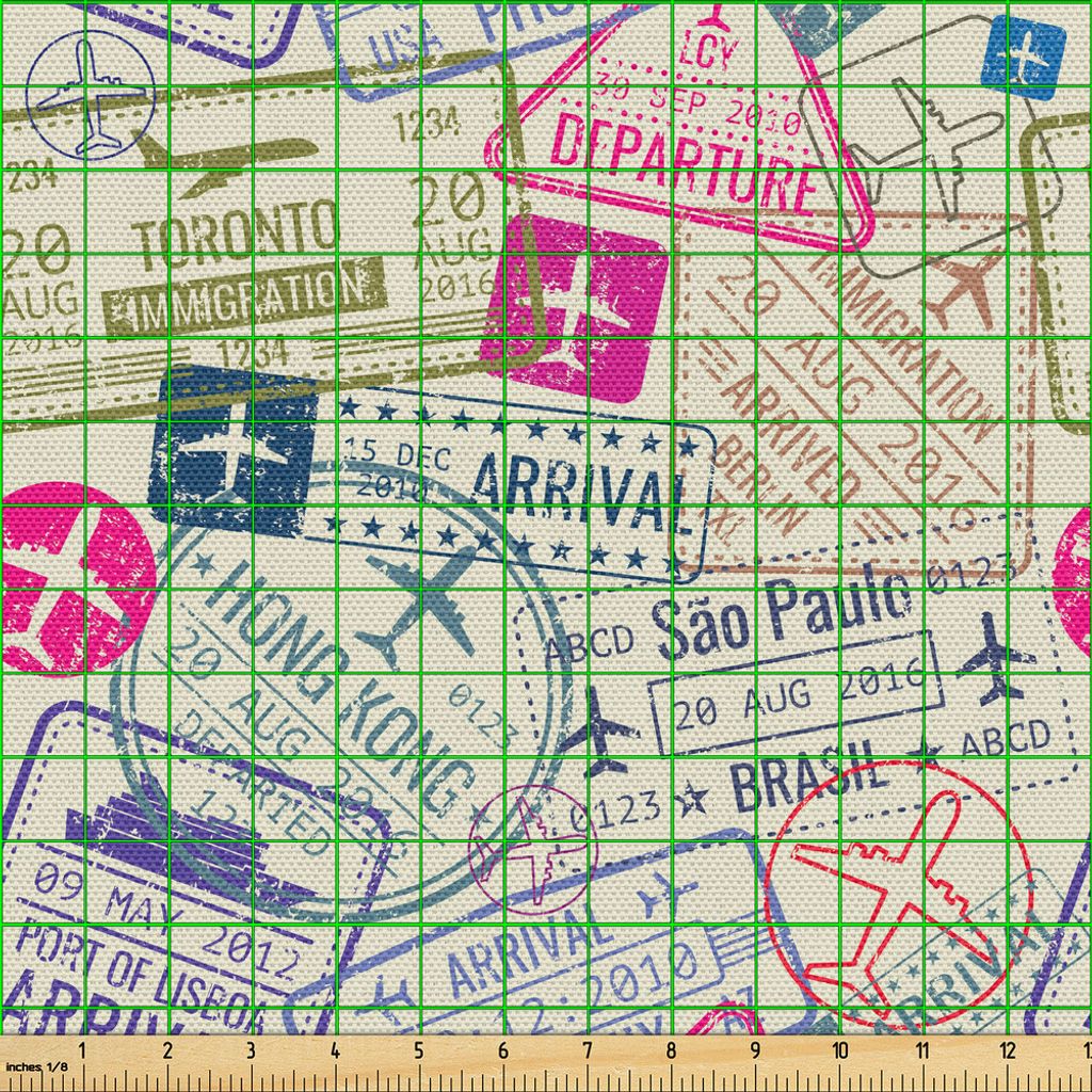 ABAKUHAUS Reise Gewebe als Meterware, Visastempel Illustration von Toronto Hong Kong Berlin Lisboa Sao Paolo, 2 M (148 x 200 cm), Eischale und Rosa
