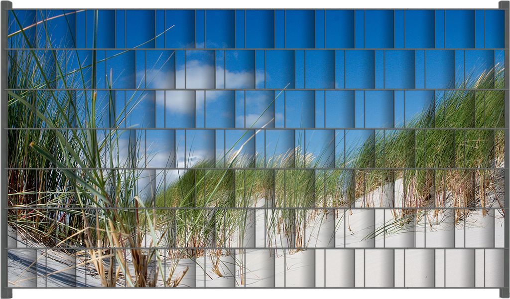Wallario Zaunsichtschutz mit Motiv Düne am Strand unter blauem Himmel für Ein- und Doppelstabmatten Zäune in der Größe 250 x 140 cm