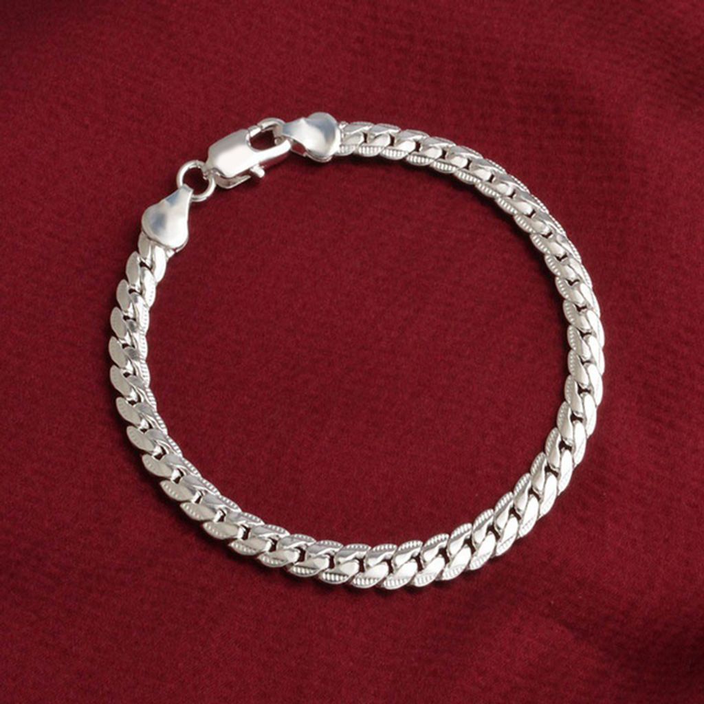 Einfaches, flaches Panzerarmband mit versilberter Kette und Karabinerverschluss für Damen