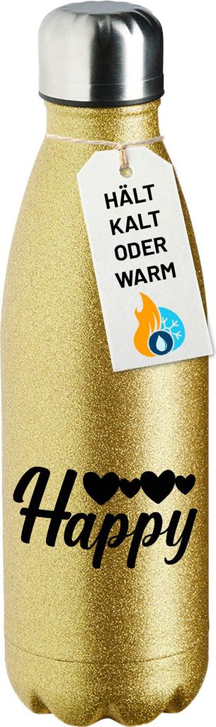 Huuraa Trinkflasche Happy Herzen 500ml Gold Edelstahl Wasserflasche Trinkflasche Geschenkidee