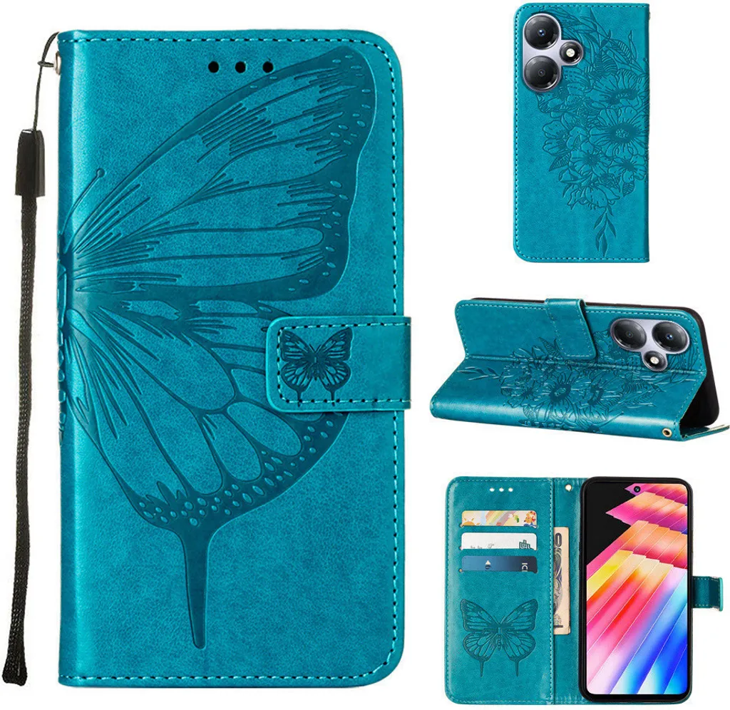 Custodia Infinix Hot 30 Play NFC Blu Farfalla in Rilievo Pelle Premium