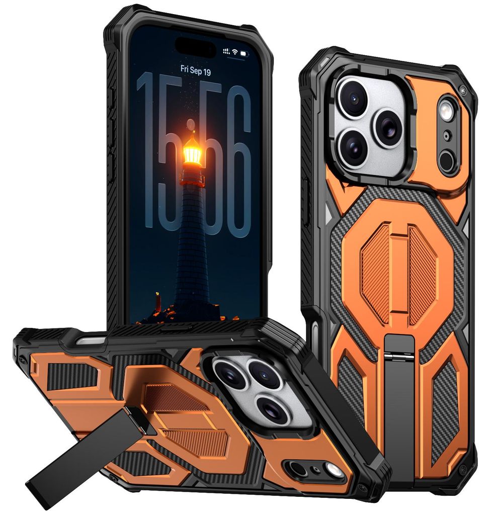 Magnetische Hülle für iPhone 17 Pro, Kompatibel mit MagSafe, Mit Metall-Ständer, Militärischer Stoßschutz Handyhülle Orange