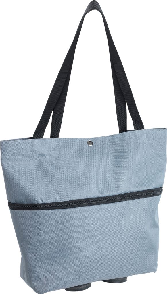 A gray shopping trolley bag with black handles and a black zippered compartment.