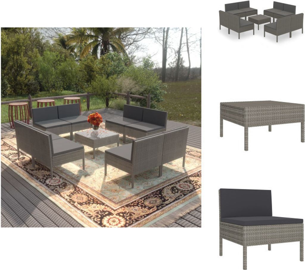 vidaXL 9-tlg. Garten-Lounge-Set mit Auflagen Poly Rattan Grau - Gartenmöbel-Sets