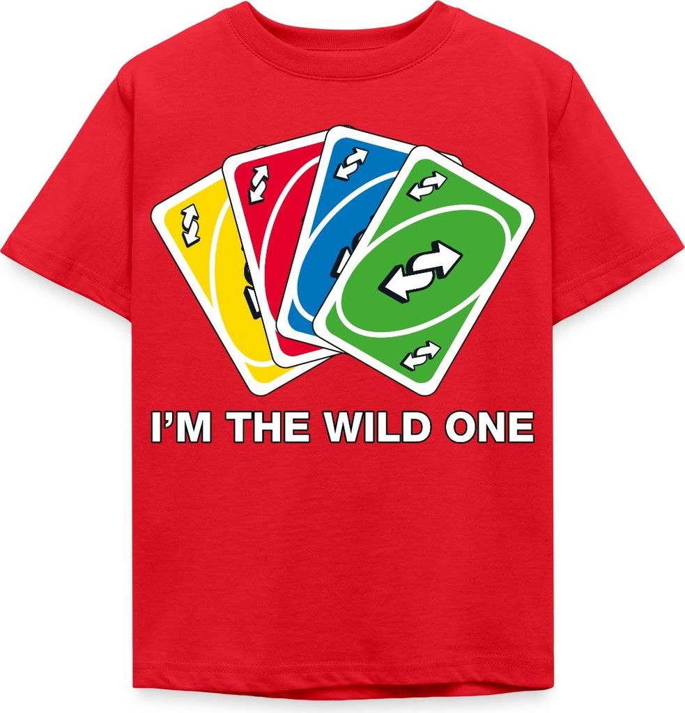 Spreadshirt UNO I'm The Wild One Meme Richtungswechsel-Karte Geschenk Kinder T-Shirt, 110/116 (5-6 Jahre), Rot