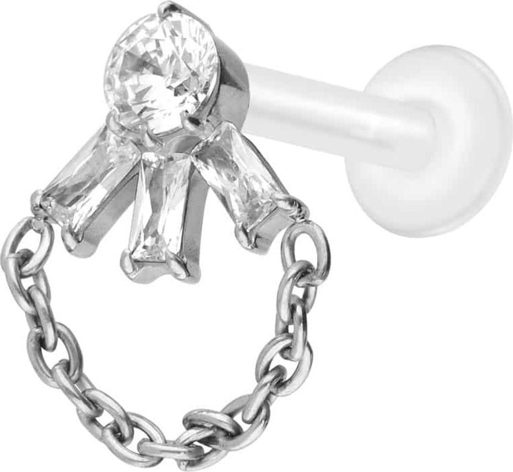 Ohrpiercing, Nasenpiercing PTFE Labret mit Innengewinde + Titan-Aufsatz LOTUSBLÜTE + KETTE Silber Stablänge: 10mm | Stabstärke: 1,6mm