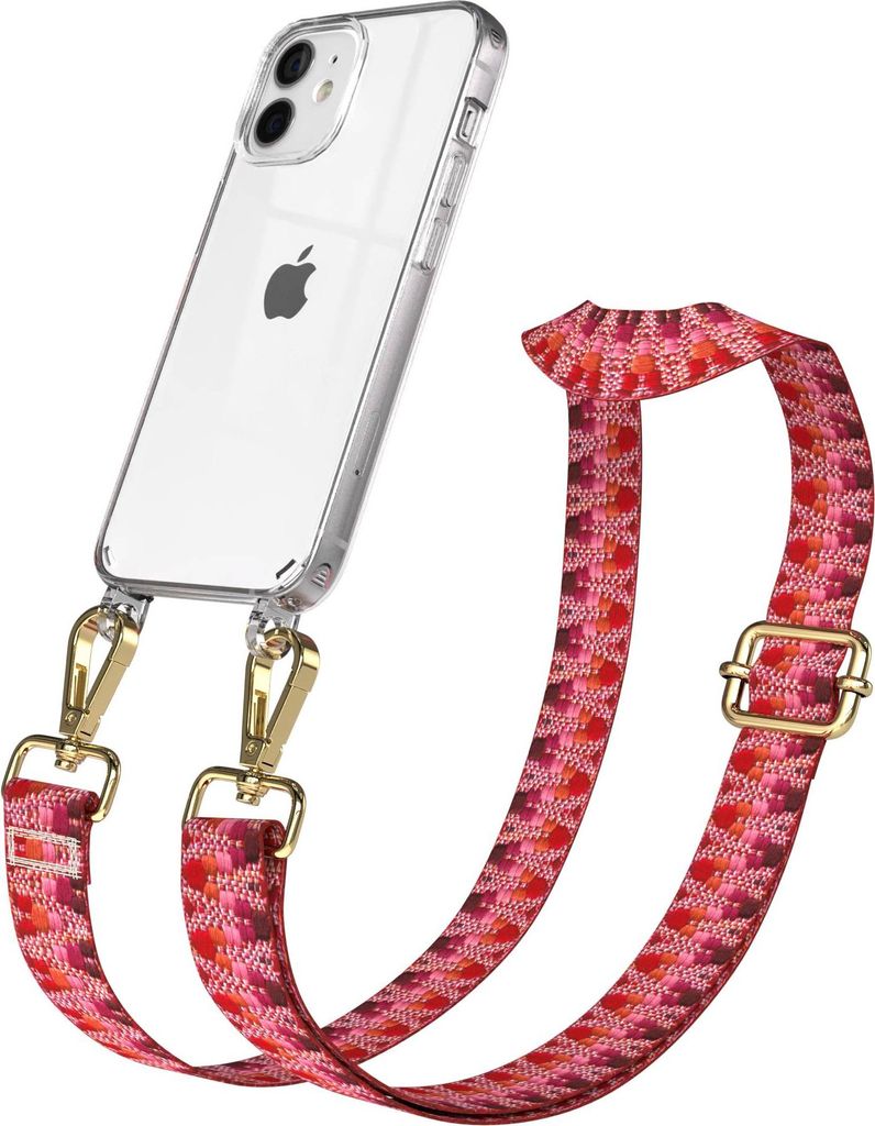 EAZY CASE Handykette - Verstellbarer Trageriemen kompatibel mit Apple iPhone 12 Mini, Handykordel mit transparenter Silikon-Hülle, Karabiner Gold,...