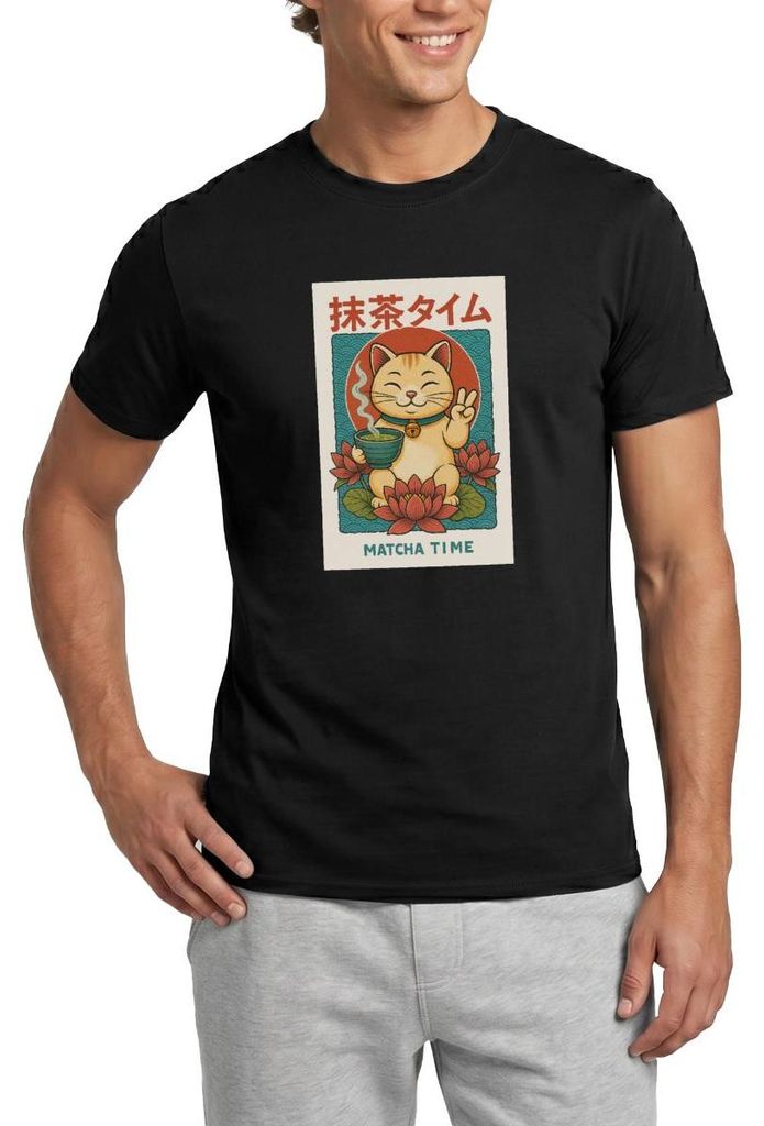 Spreadshirt Matcha Time | Katze Im Japan-Look Männer T-Shirt, XXL, Schwarz