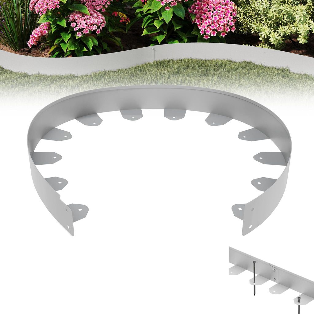LZQ 10m verzinkte Rasenkante, Flexible Gartenbeetkanten, Höhe 10 cm, inkl. 50 Erdspieße, für Beet Rasen Terrasse Gehweg Einfahrt, Silber