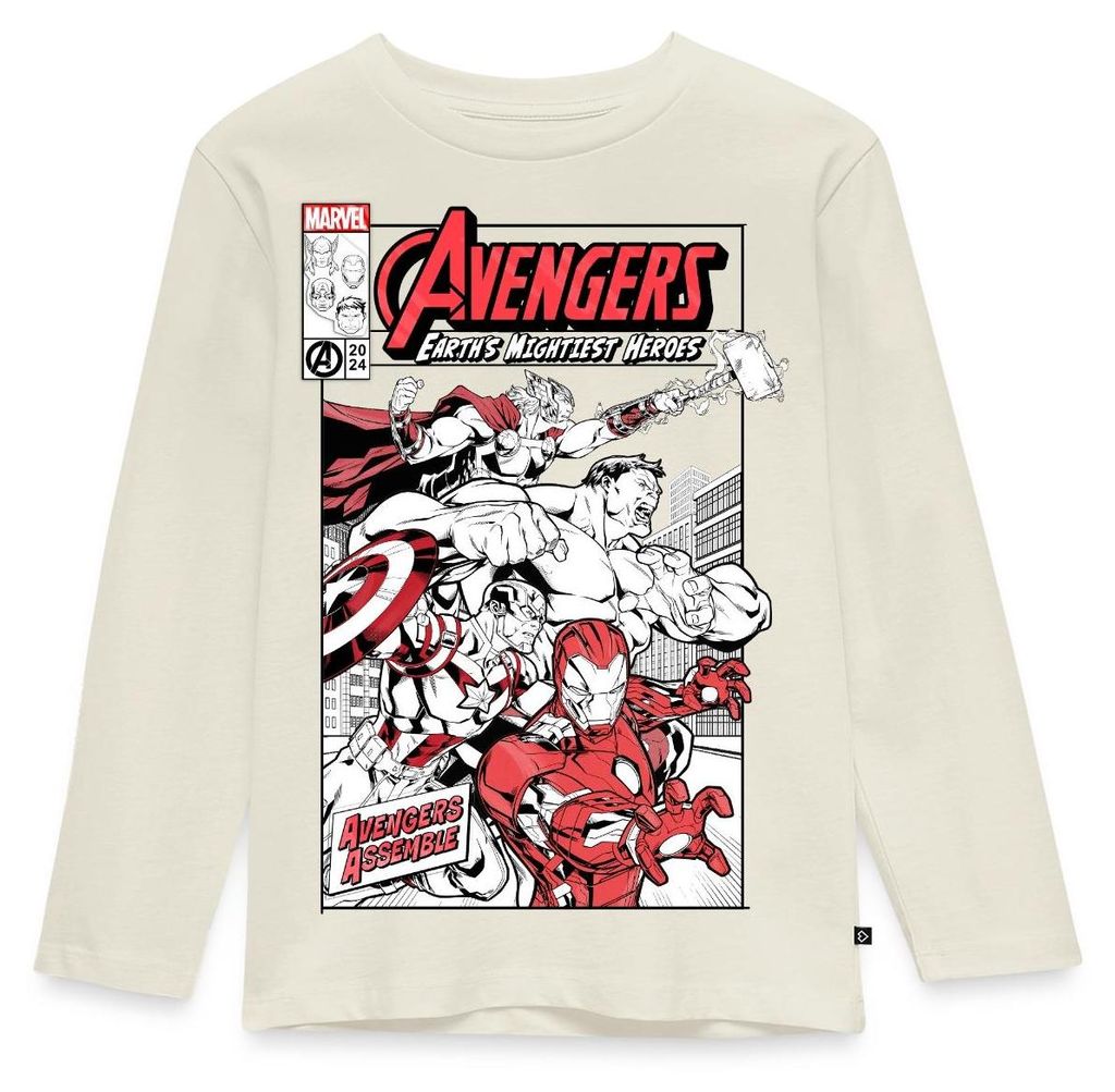 Spreadshirt Avengers Assemble Helden Comic-Motiv Kinder Premium Langarmshirt, 110/116 (4 Jahre), Naturweiß