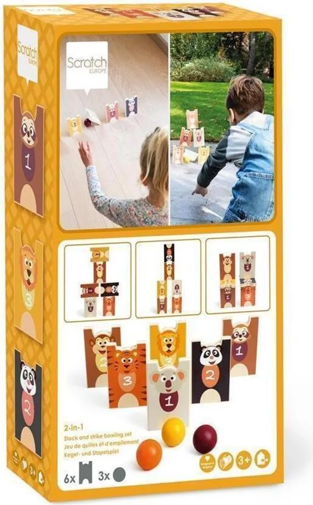 Pyramide et quilles en bois 2en1 Animaux sauvages - Jeu d'éveil 7 pièces