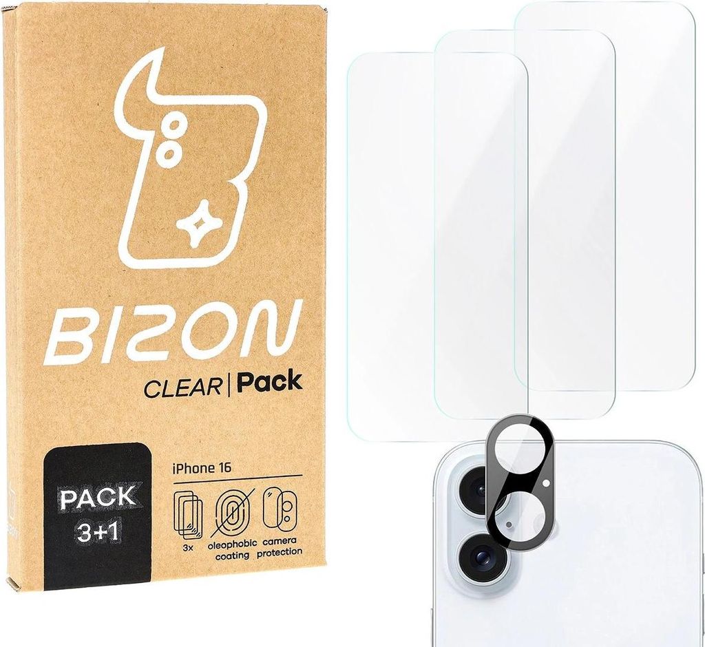 BIZON Clear 3x Glas für Bildschirm + Kameraglas Apple iPhone 16