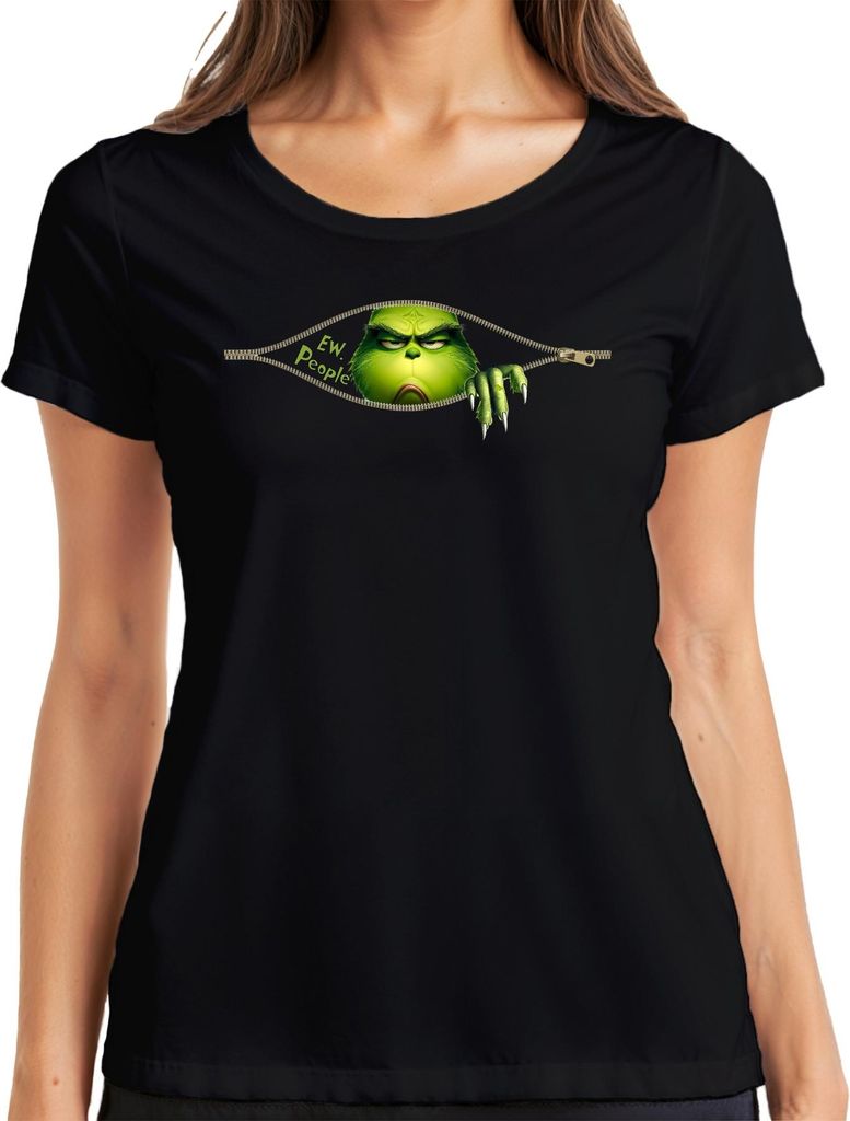 Ew People Grinch Reißverschluss frech lustig Weihnachten Damen T-Shirt, Schwarz, S