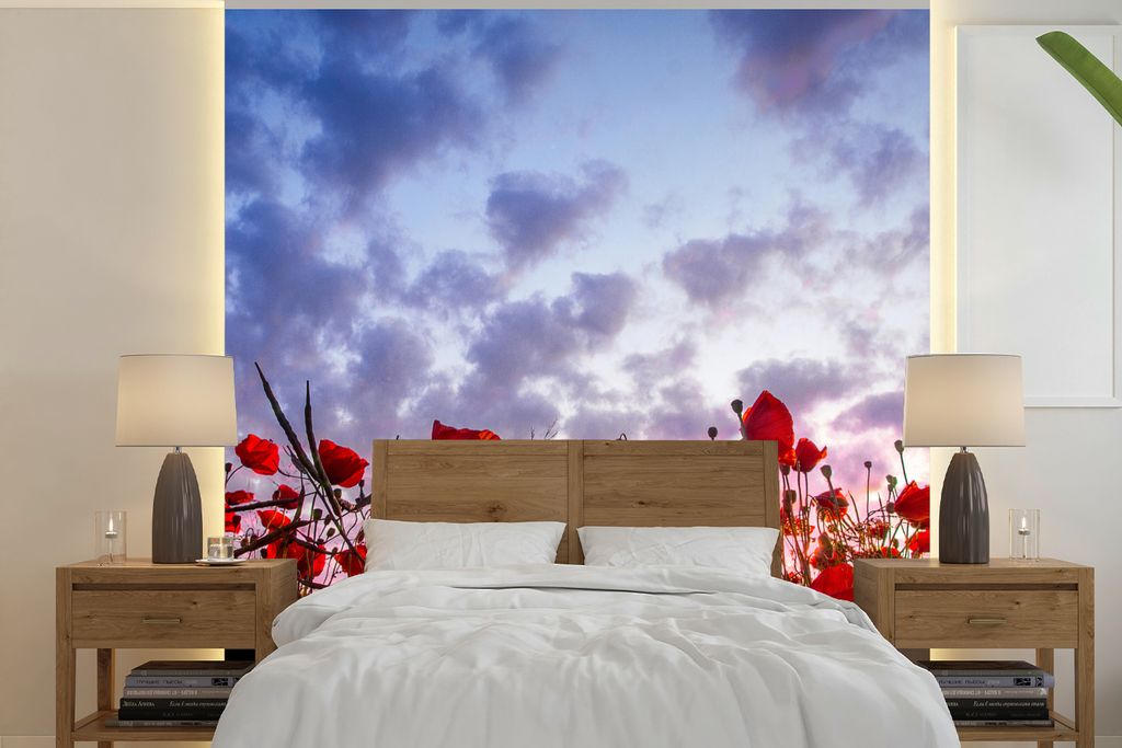 MuchoWow Fototapete für Wohnzimmer oder Schlafzimmer Wandtapete Vinyl Motivtapete Panorama eines farbenfrohen Mohnblumenfeldes - 240x240 cm - Sc...