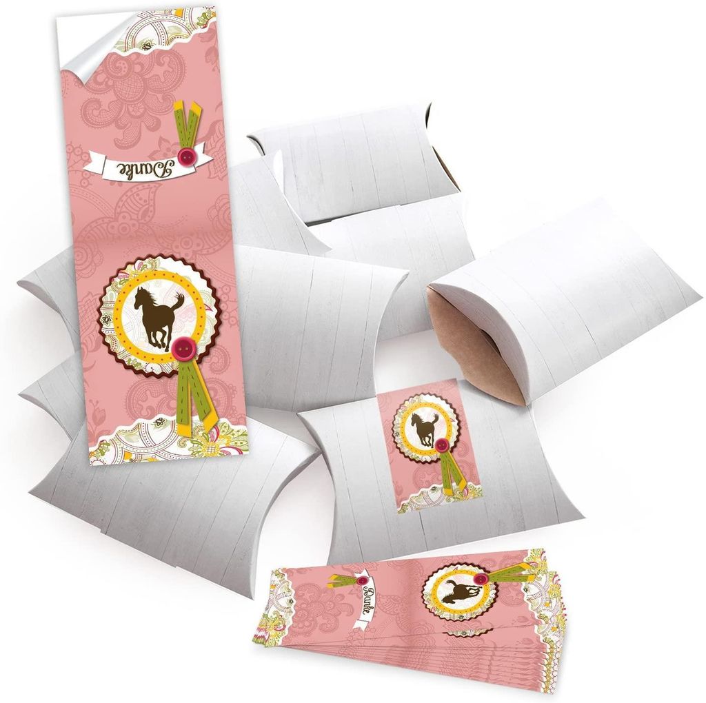 25 kleine Geschenkschachteln Geschenk-Boxen Kartons, weiß 14,5 x 10,5 + 3 cm mit Aufkleber Banderole PFERD in rosa pink - selber basteln und befü...