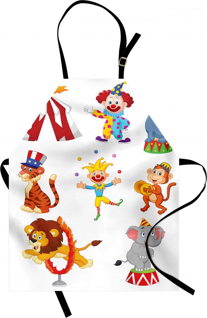 ABAKUHAUS Zirkus Kochschürze, Cartoon-Stil Sammlung von niedlichen Zirkus Thema Artwork Wilde Tiere und Performer, Farbfest Höhenverstellbar Wasc...