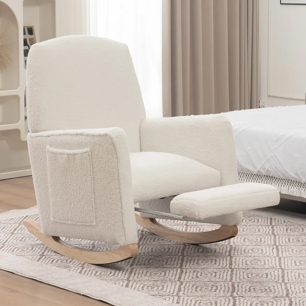 AIORBER Fauteuil à Bascule en Laine Blanche avec Repose-Pieds 126x98cm