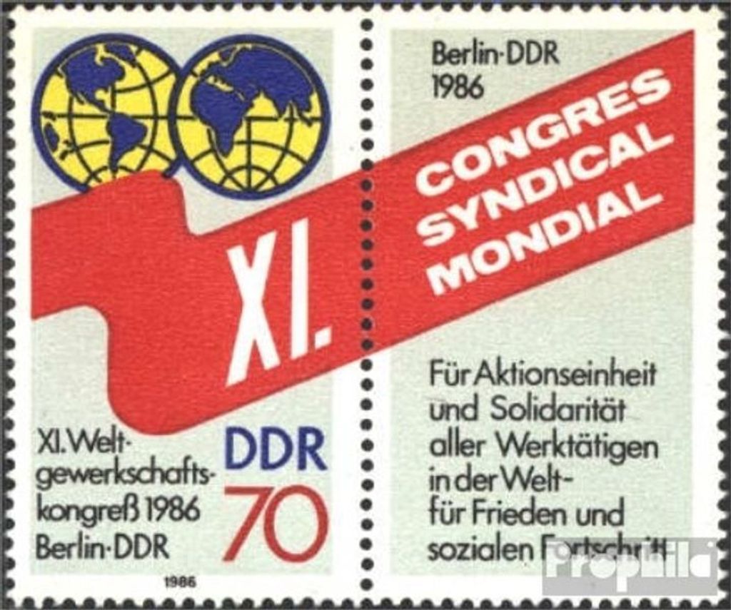 Briefmarken DDR 1986 Mi 3049Zf mit Zierfeld (WZd688 oder 690) (kompl.Ausgabe) postfrisch Gewerkschaftskongreß