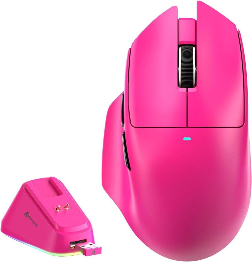 Gaming-Maus mit Magnet-Ladestation, 65 g Leichtgewicht, PAW3311 Sensor, 25.000 DPI, BT/2.4G/USB-C, 100 Mio. Klicks, 500mAh Akku für Rechtshänder
