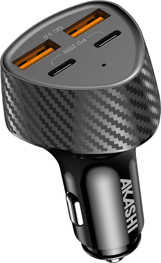 Akashi, Auto Ladegerät 50W Fast Charge 2x USB-C 2x USB PD, Schwarz