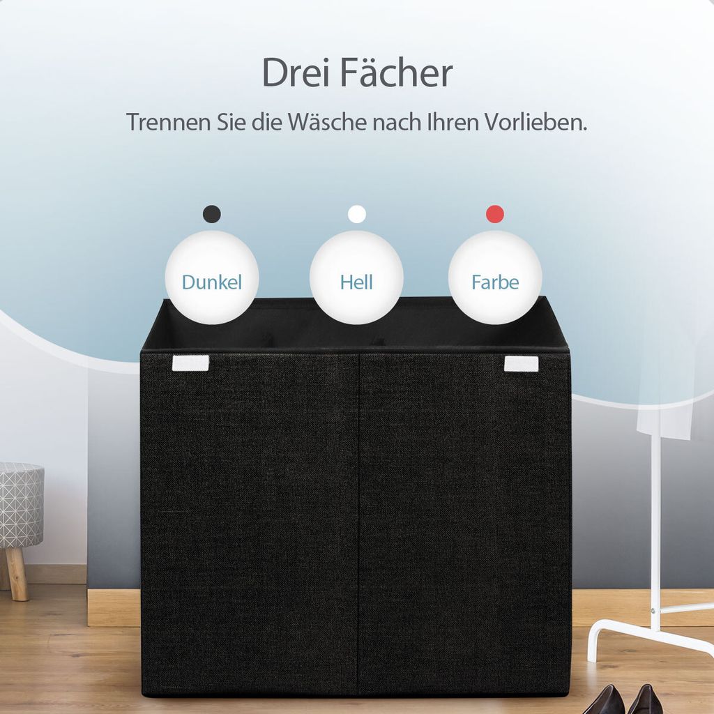Zonovi Wäschekorb 3 Fächer mit Deckel - Wäschesammler - Produktbild 4