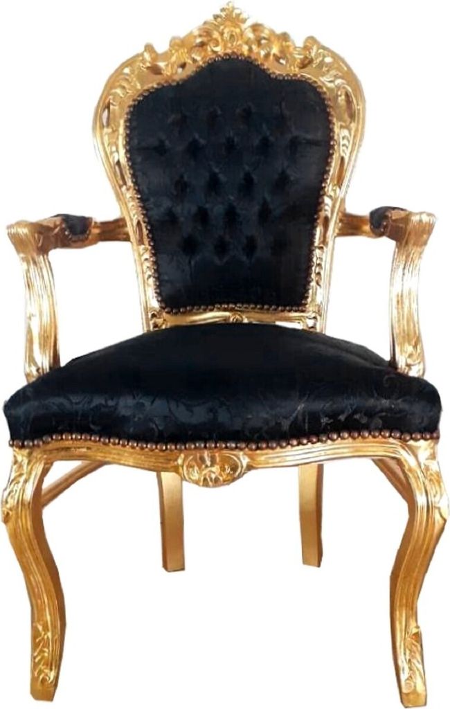 Casa Padrino Barock Esszimmerstuhl mit Armlehnen Schwarz Muster / Gold 53 x 57 x H. 108 cm - Handgefertigter Antik Stil Stuhl mit edlem Satinstoff ...