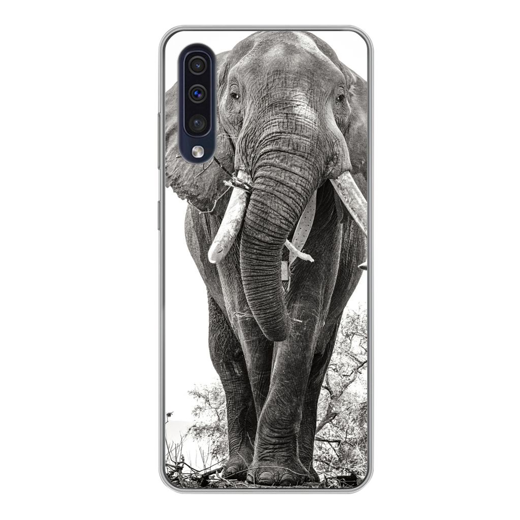 MuchoWow Handyhülle Schutzhülle Hülle für Samsung Galaxy A50 Elefant - Porträt - Tiere - Schwarz und weiß Silikon Softcase Handy Hülle - M...