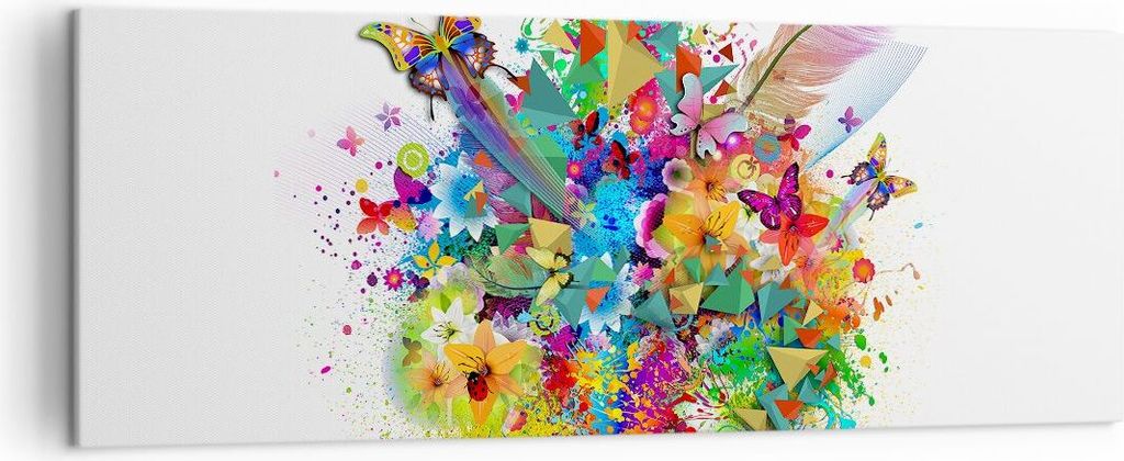 Bild auf Leinwand - Leinwandbild - Schmetterling Farbe Blume Komposition - 140x50cm - Wand Bild - Wanddeko - Leinwanddruck - Bilder - Kunstdruck - ...