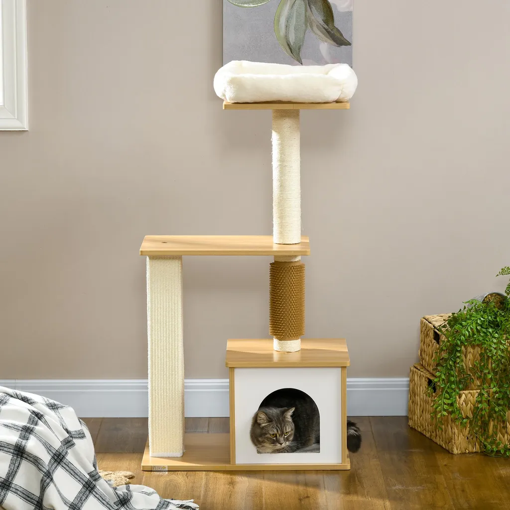 Tiragraffi PawHut, altezza 114 cm, albero per gatti, tiragraffi a più piani con grotta per gatti, letto per gatti, mobili per gatti con colonna per il solletico, albero da arrampicata per gatti fino a 5 kg, quercia - 9