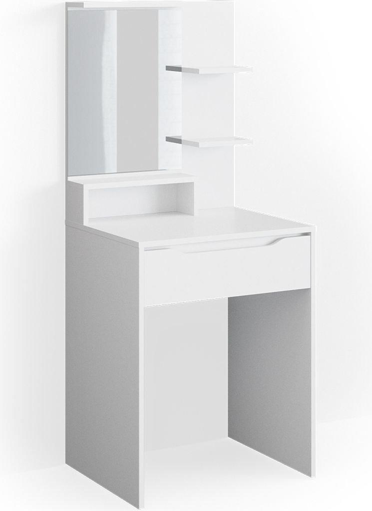 A white vanity table with a mirror and shelves.