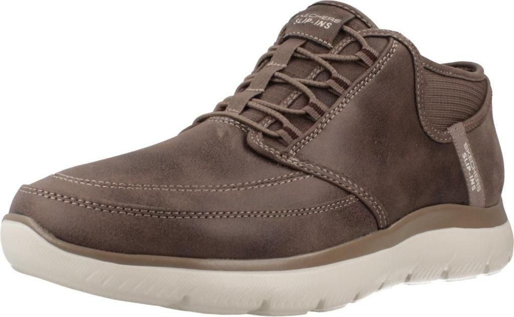 A single brown Skechers shoe is shown against a white background.