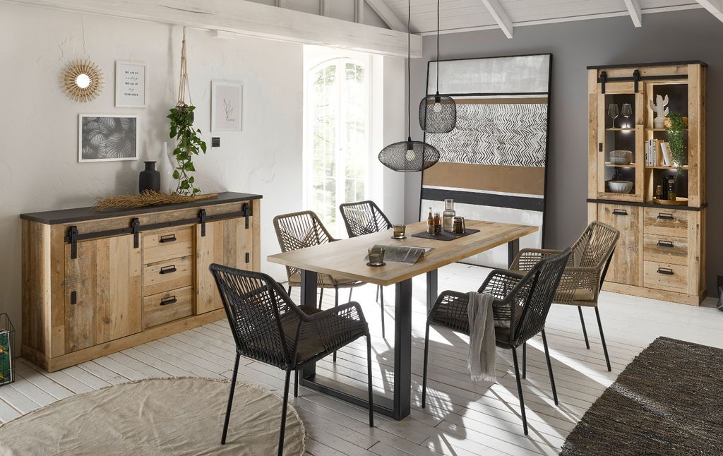 Esszimmer Set "Stove" in Used Wood Speisezimmer 3-teilig mit Esstisch, Vitrine und Sideboard
