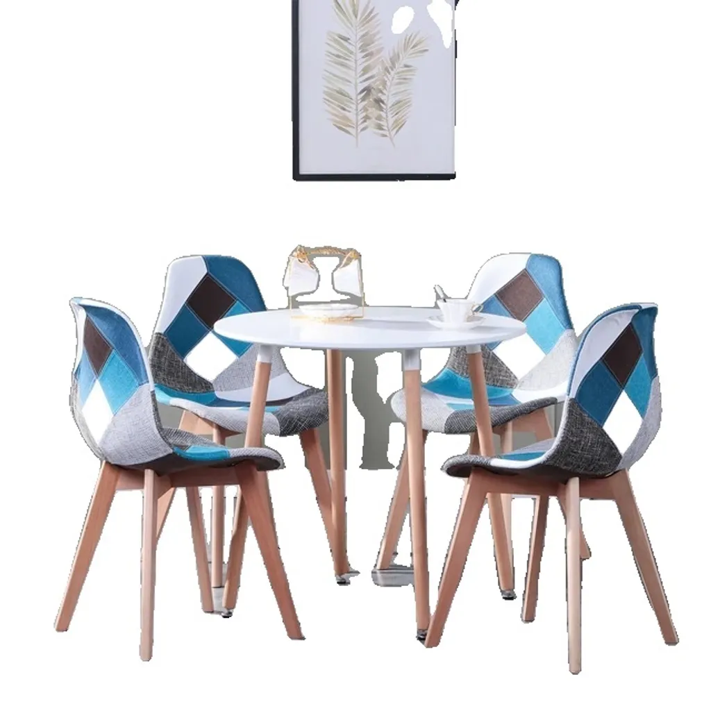 Mobilier de salle à manger : Table en bois et 4 chaises rembourrées bleu