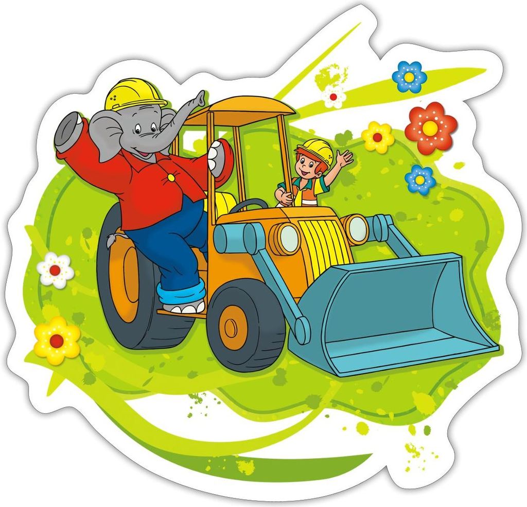 Spreadshirt Benjamin Blümchen Mit Schaufelbagger Sticker Aufkleber, 10 x 10 cm, Mattweiß