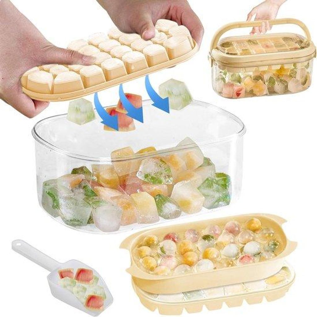 Silikon-Ice-Kugeln mit Deckel - stapelbar - hochkapazitiv - 54 Eiswürfel - Babypapier einfrieren - herstellbare Eiswaffel - beige