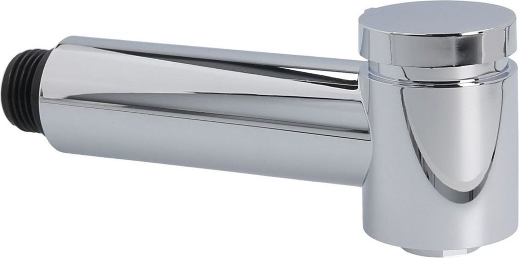 A chrome-plated shower head with a threaded connection.