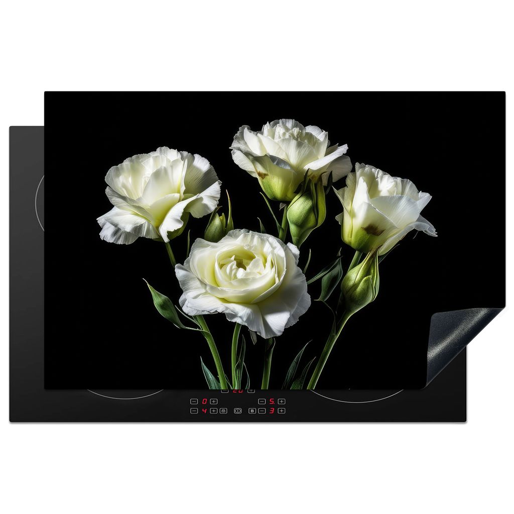 KitchenYeah Herdabdeckplatte Blumen - Rosen - Weiß - Botanisch - Schwarz , 81x52cm, Küche Deko, Glaskeramikkochfeld Herdabdeckung, Abdeckplatte...