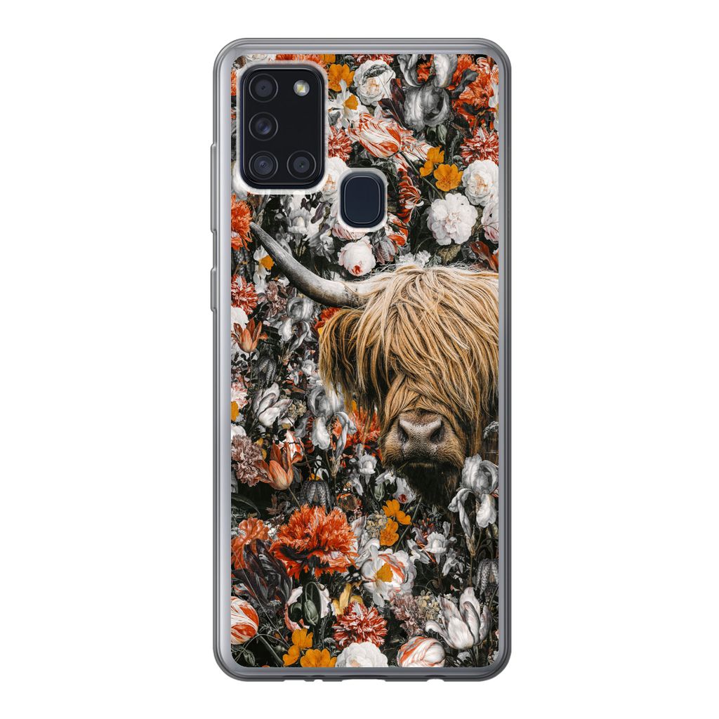 MuchoWow Handyhülle Schutzhülle Hülle für Samsung Galaxy A21s Schottischer Highlander - Blumen - Orange Silikon Softcase Handy Hülle - Harts...