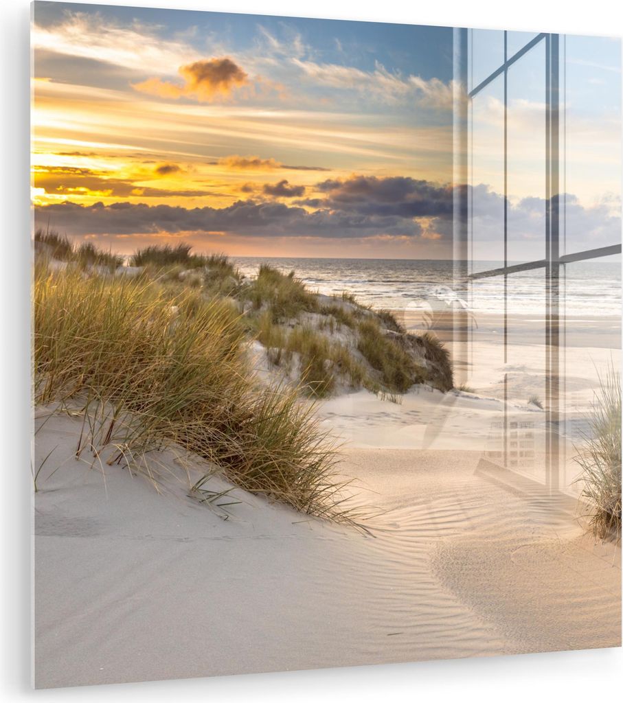 MuchoWow Glasbilder - Bilder auf Wandbild - Foto auf Glas Strand - Düne - Gras - Sonnenuntergang - Meer 30x30 cm Wanddekoration aus Glas - Acrylgl...