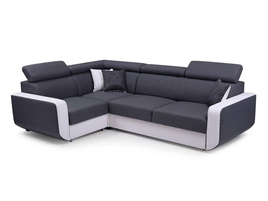Lisa Design Dustin - Ecksofa L umkehrbar - 5 Sitzplätze - Schlaffunktion und Bettkasten - Verstellbare Kopfstützen , Weiß und Grau