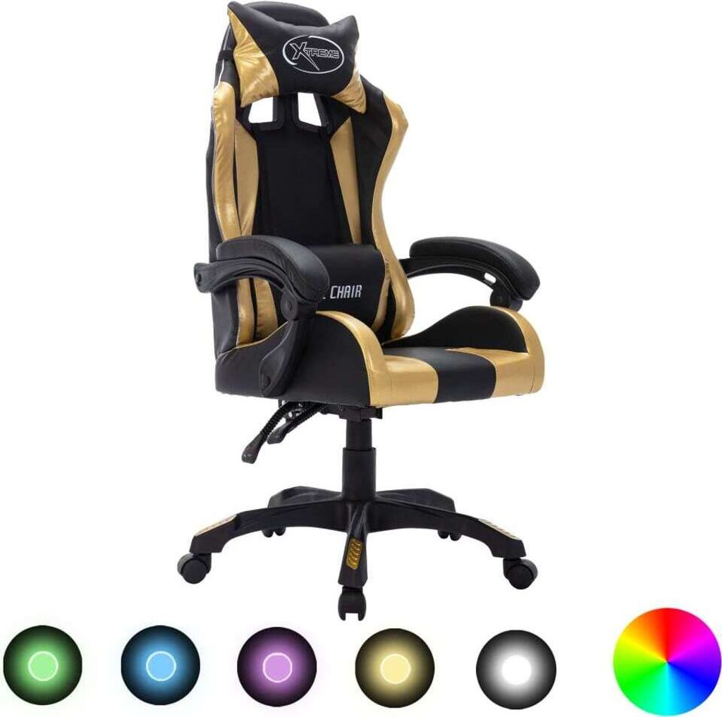 Gaming-Stuhl mit RGB LED-Leuchten Gold und Schwarz Kunstleder