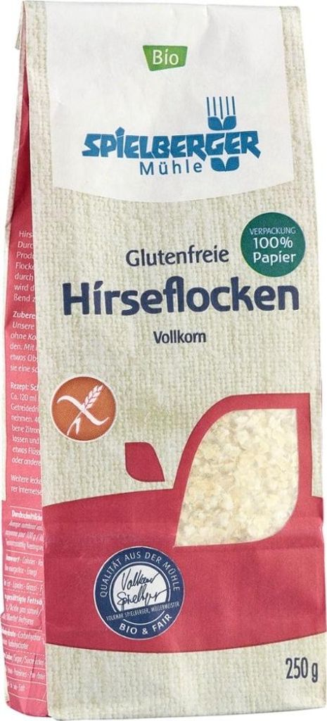 A bag of Spielberger Mühle Hirseflocken (millet flakes).