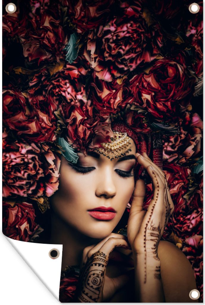 MuchoWow 60x90 cm Outdoor-Poster Gartendeko Sichtschutz Garten Poster für den Garten Frau - Blumen - Henna - Porträt