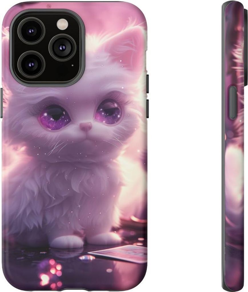Weiße Flauschkatze mit violetten Augen – Handyhülle Kompatibel mit iPhone 14 Pro Max