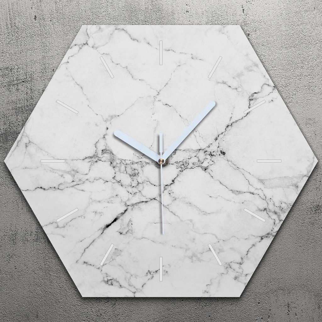 Uhr hexagonal 40 cm Glas Geräuschlos weiße Zeiger - weiss Marmor