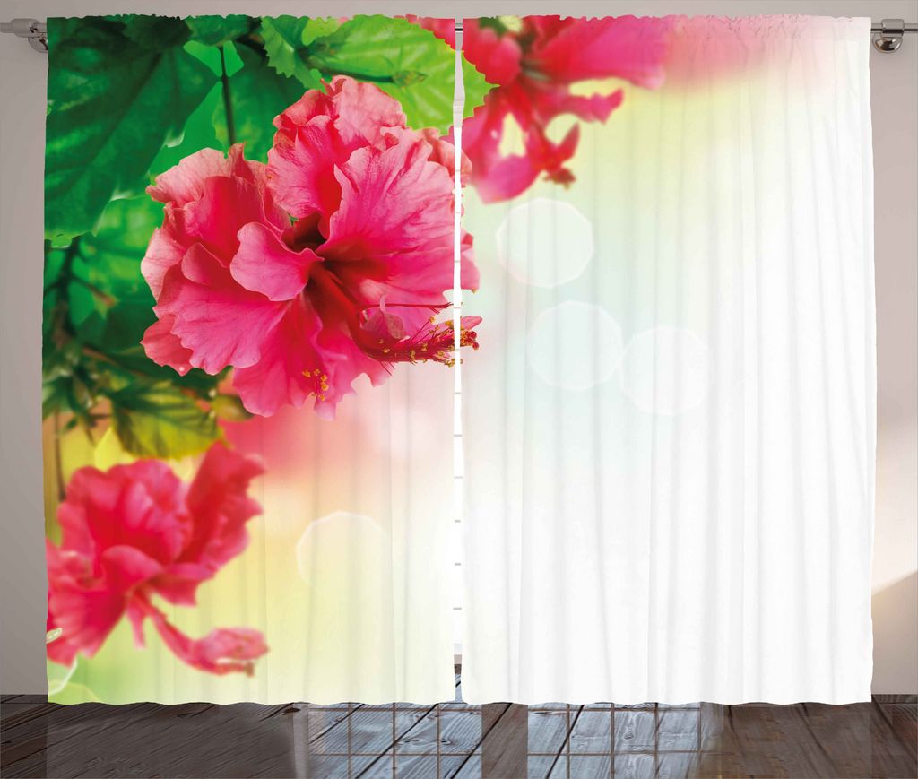 ABAKUHAUS Blumen Rustikaler Gardine, Duft Blüten Garten, Schlafzimmer Kräuselband Vorhang mit Schlaufen und Haken, 280 x 175 cm, Farngrün Pink
