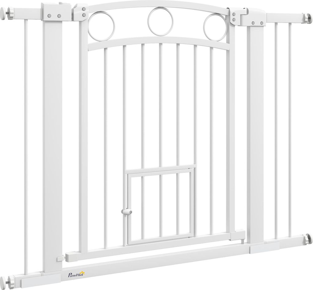 Haustiertor, 77 cm Treppengatter, verstellbare Breite 76-104 cm, mit Katzentür, für Treppen und Türöffnungen, Weiß