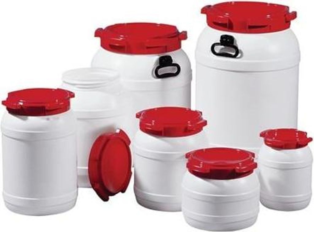 Envase de 68,0 litros, color blanco, con tapa roja, dos Imagen del producto 