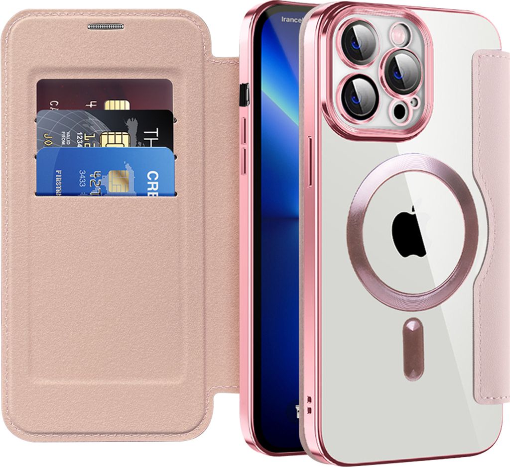 Klapphülle für iPhone 13 Pro Max Kompatibel mit Magsafe, Klar Überzug Kartenhalter Ledertasche mit Kameraschutz Pink