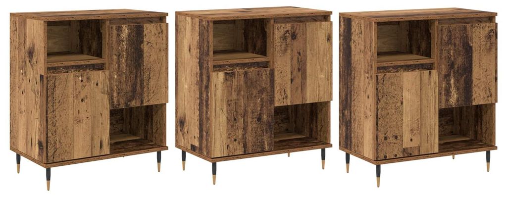 Sideboard Altholz, 3-teilig, 70x60x35 cm, mit 2 Türen und konischen Metallbeinen